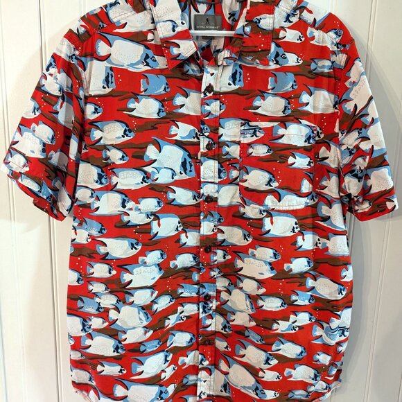 Collection: Winston on NEWGIRL, ROYAL ROBBINS Crimson Throwback Fish Print Shirt - Picture 2 of 7